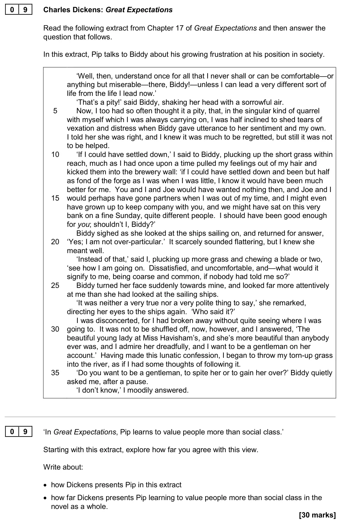 June 2024 Paper 1, question 09: ‘In Great Expectations, Pip learns to value people more than social class.’ Starting with this extract, explore how far you agree with this view. Write about: •