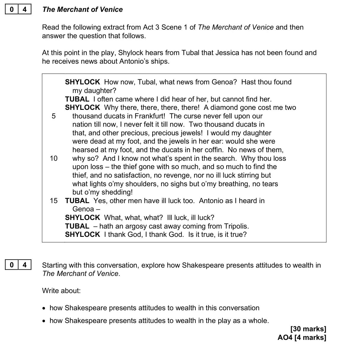 June 2025 Paper 1, question 04: Starting with this conversation, explore how Shakespeare presents attitudes to wealth in The Merchant of Venice. Write about: • how Shakespeare presents attitud