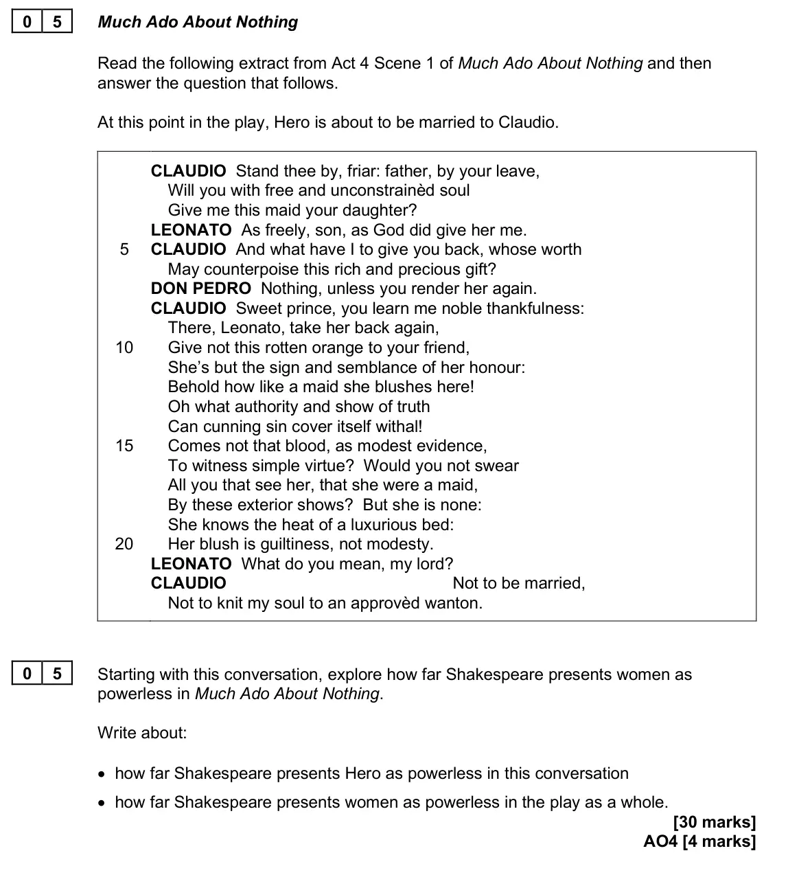 June 2025 Paper 1, question 05: Starting with this conversation, explore how far Shakespeare presents women as powerless in Much Ado About Nothing. Write about: • how far Shakespeare presents