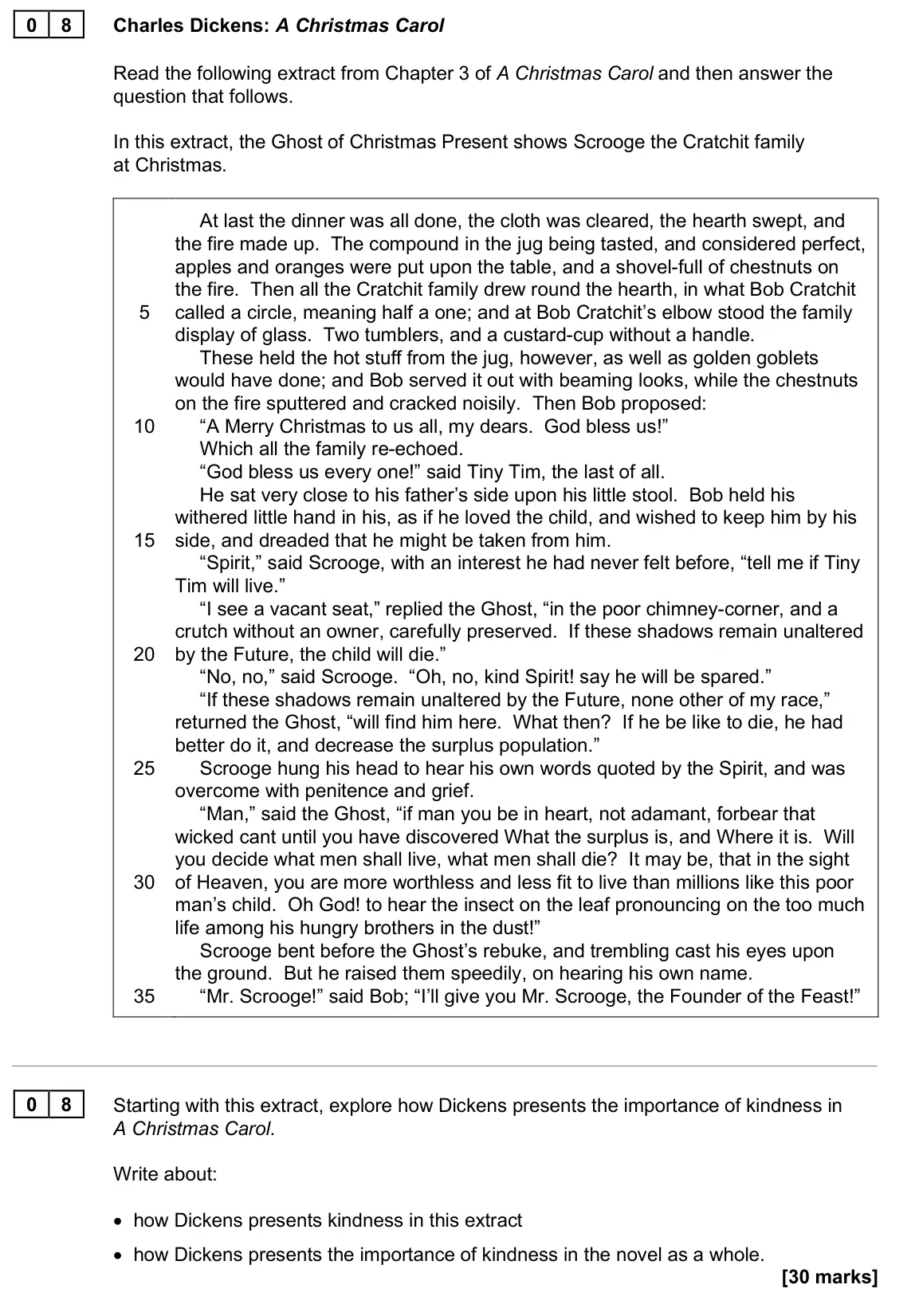 June 2025 Paper 1, question 08: Starting with this extract, explore how Dickens presents the importance of kindness in A Christmas Carol. Write about: • how Dickens presents kindness in this e