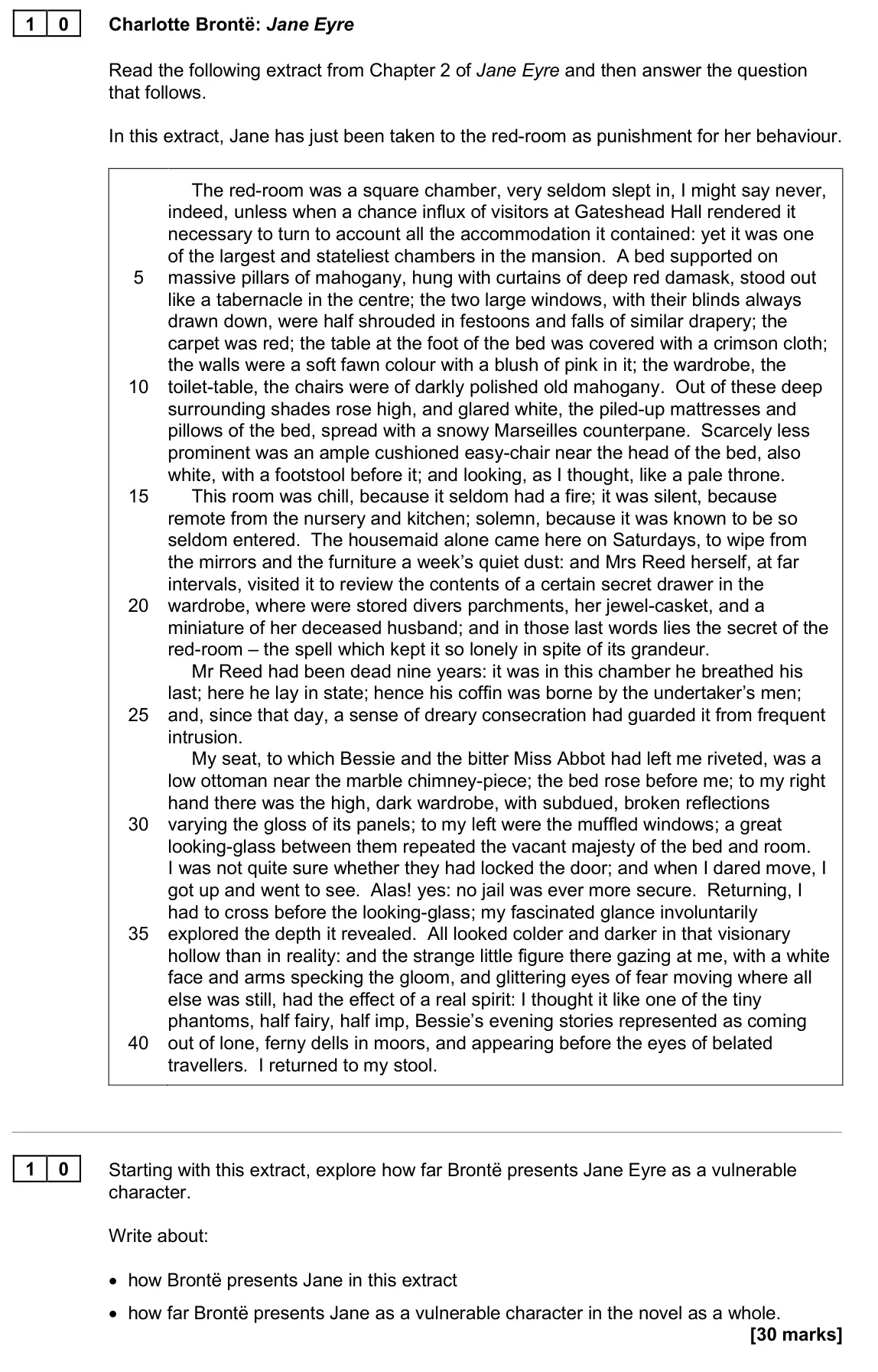 June 2025 Paper 1, question 10: Starting with this extract, explore how far Brontë presents Jane Eyre as a vulnerable character. Write about: • how Brontë presents Jane in this extract • how f