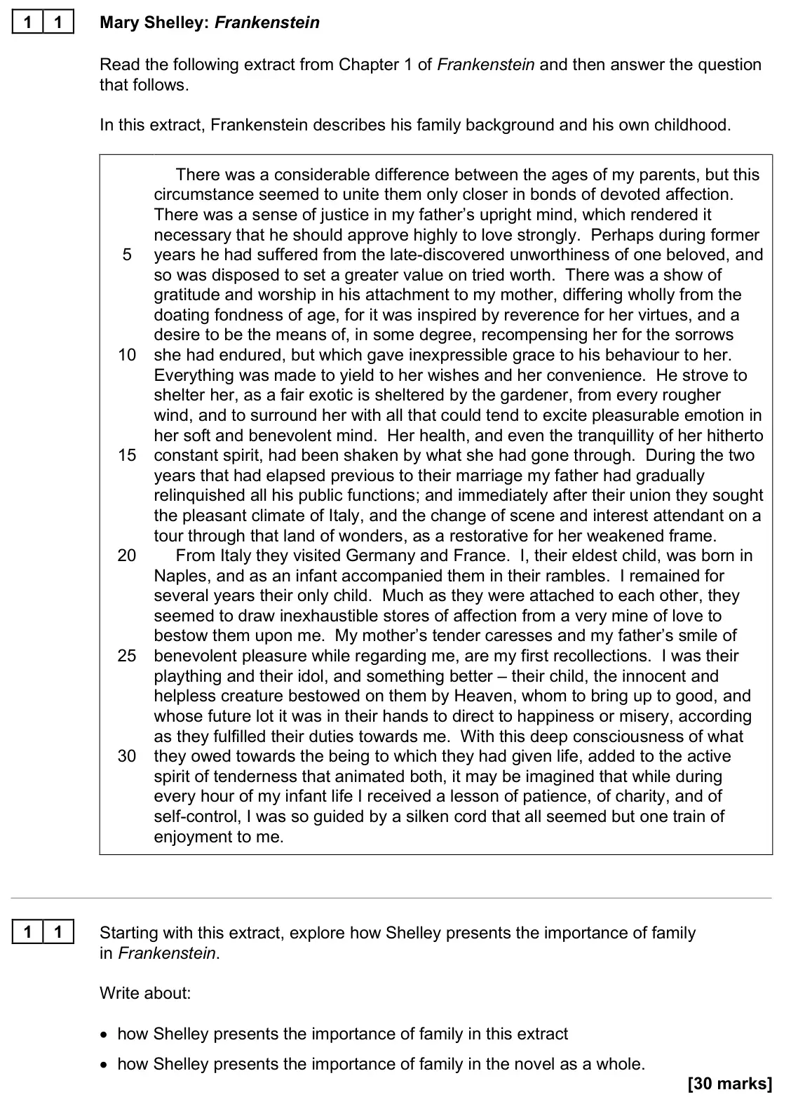 June 2025 Paper 1, question 11: Starting with this extract, explore how Shelley presents the importance of family in Frankenstein. Write about: • how Shelley presents the importance of family