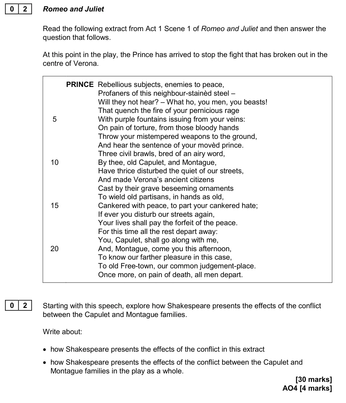 November 2020 Paper 1, question 02: Starting with this speech, explore how Shakespeare presents the effects of the conflict between the Capulet and Montague families. Write about: • how Shakespear