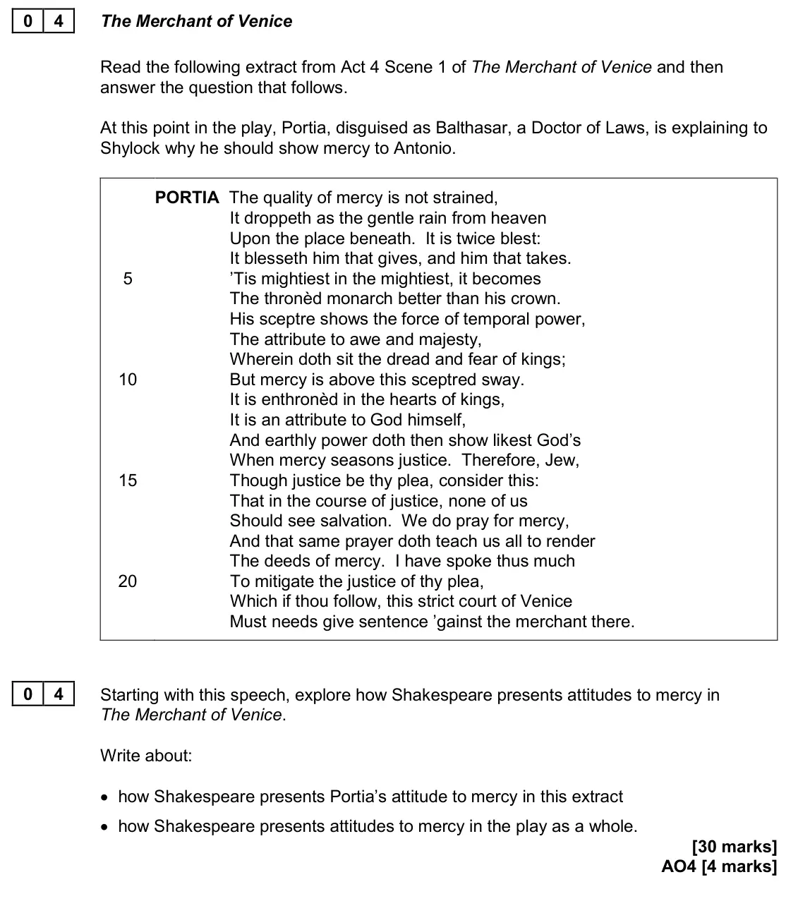 November 2020 Paper 1, question 04: Starting with this speech, explore how Shakespeare presents attitudes to mercy in The Merchant of Venice. Write about: • how Shakespeare presents Portia’s attit