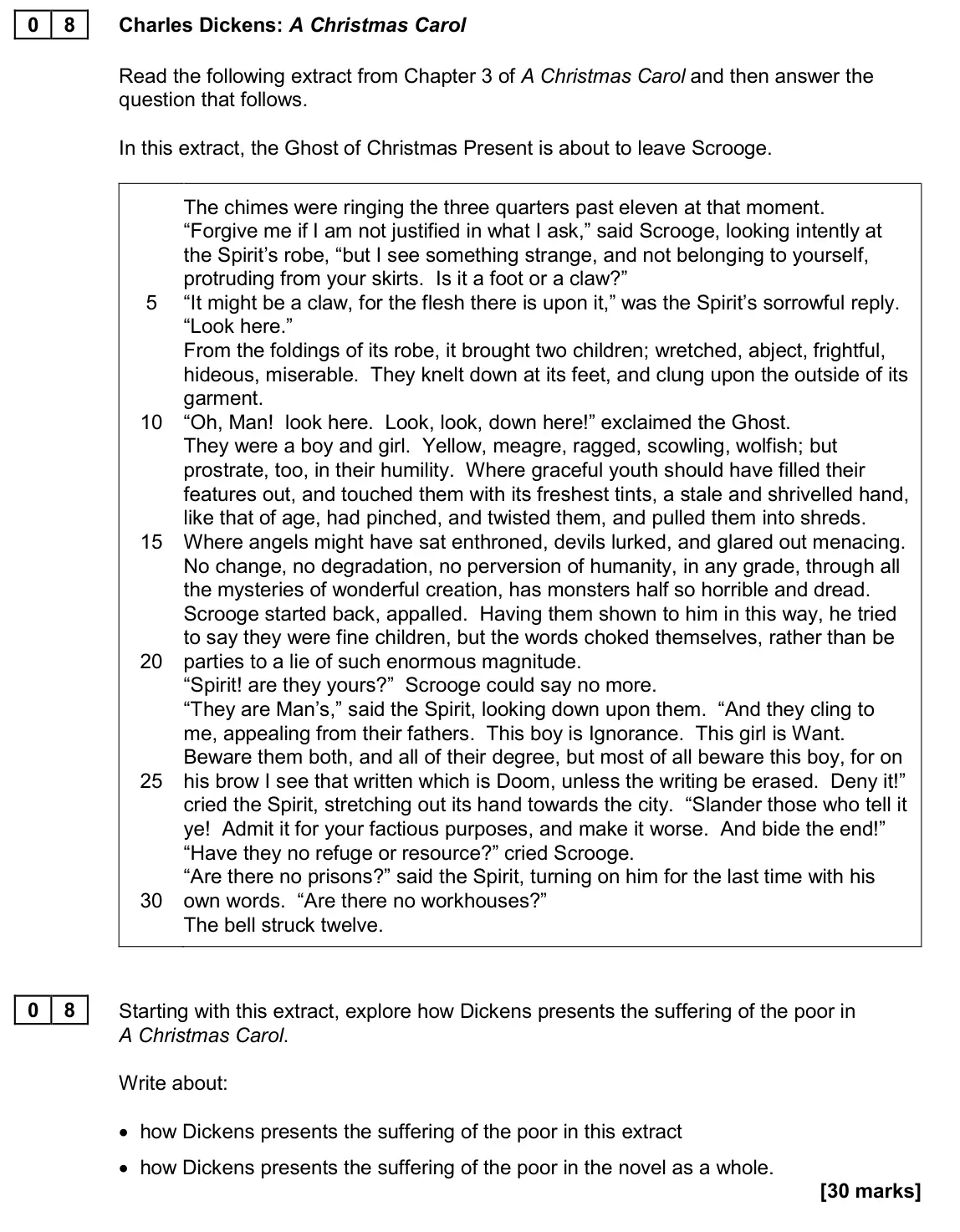 November 2020 Paper 1, question 08: Starting with this extract, explore how Dickens presents the suffering of the poor in A Christmas Carol. Write about: • how Dickens presents the suffering of th