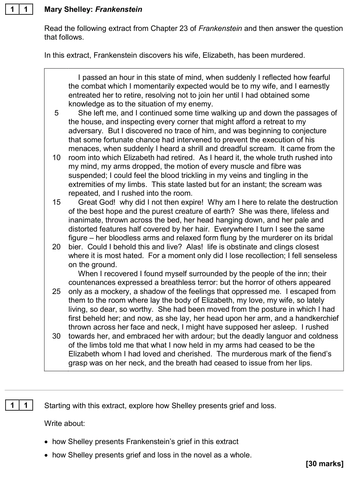November 2020 Paper 1, question 11: Starting with this extract, explore how Shelley presents grief and loss. Write about: • how Shelley presents Frankenstein’s grief in this extract • how Shelley