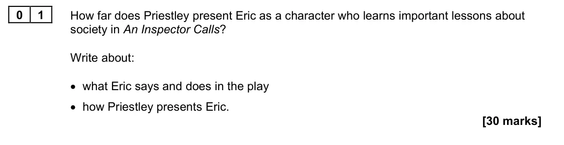 June 2022 Paper 1M, question 01: How far does Priestley present Eric as a character who learns important lessons about society in An Inspector Calls? Write about: • what Eric says and does in t
