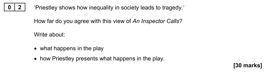 June 2022 Paper 1M, question 02: ‘Priestley shows how inequality in society leads to tragedy.’ How far do you agree with this view of An Inspector Calls? Write about: • what happens in the play
