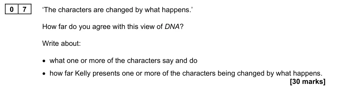 June 2022 Paper 1M, question 07: ‘The characters are changed by what happens.’ How far do you agree with this view of DNA? Write about: • what one or more of the characters say and do • how far
