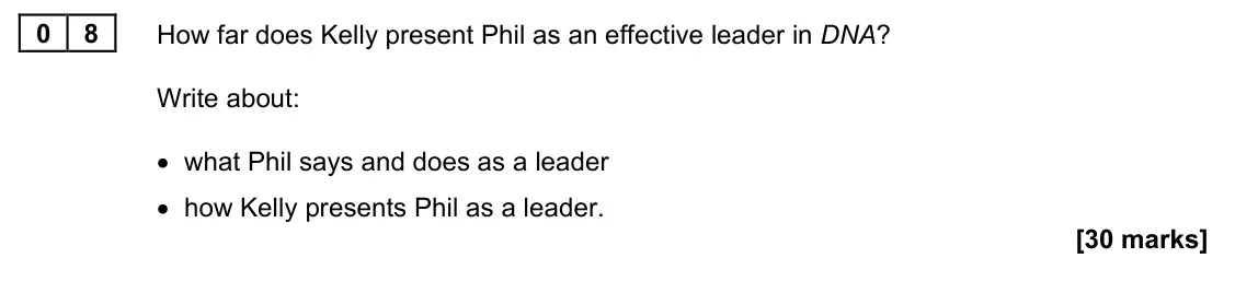 June 2022 Paper 1M, question 08: How far does Kelly present Phil as an effective leader in DNA? Write about: • what Phil says and does as a leader • how Kelly presents Phil as a leader.