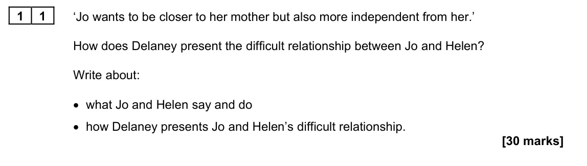 June 2022 Paper 1M, question 11: ‘Jo wants to be closer to her mother but also more independent from her.’ How does Delaney present the difficult relationship between Jo and Helen? Write about: