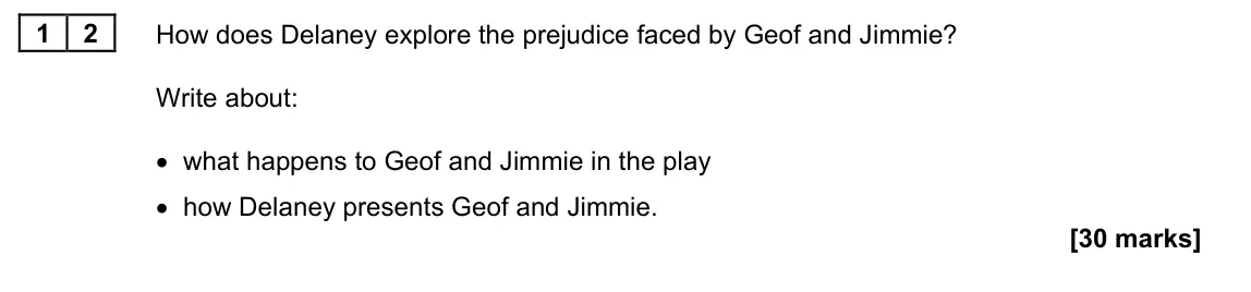 June 2022 Paper 1M, question 12: How does Delaney explore the prejudice faced by Geof and Jimmie? Write about: • what happens to Geof and Jimmie in the play • how Delaney presents Geof and Jimm