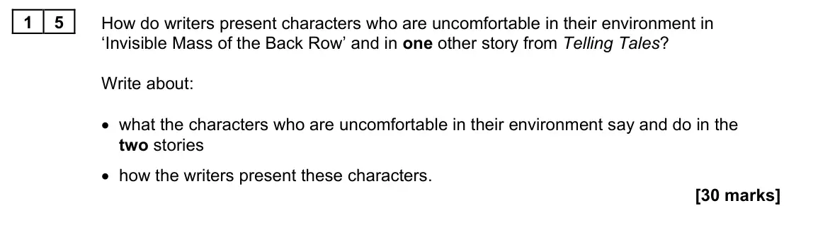 June 2022 Paper 1M, question 15: How do writers present characters who are uncomfortable in their environment in ‘Invisible Mass of the Back Row’ and in one other story from Telling Tales? Writ
