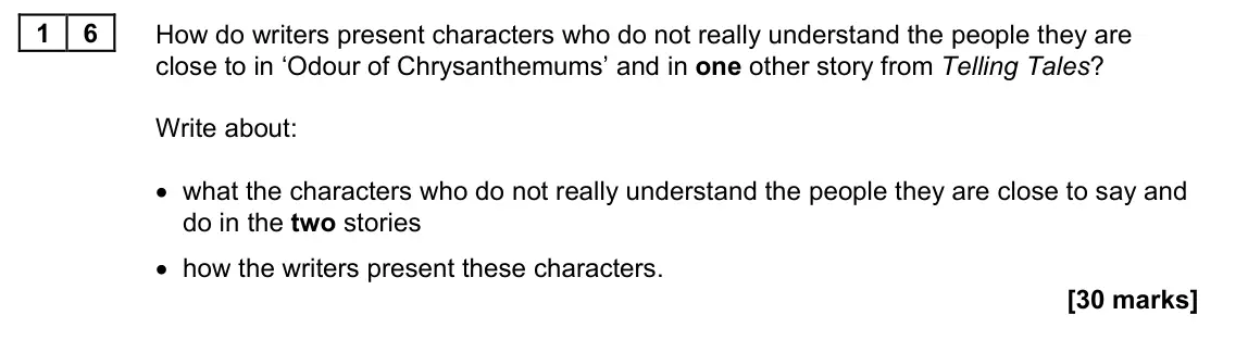 June 2022 Paper 1M, question 16: How do writers present characters who do not really understand the people they are close to in ‘Odour of Chrysanthemums’ and in one other story from Telling Tal