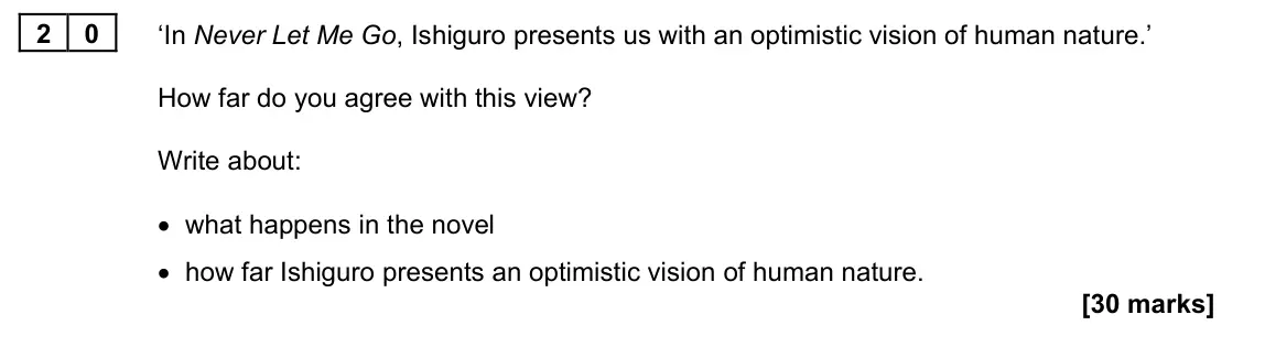 June 2022 Paper 1M, question 20: ‘In Never Let Me Go, Ishiguro presents us with an optimistic vision of human nature.’ How far do you agree with this view? Write about: • what happens in the no