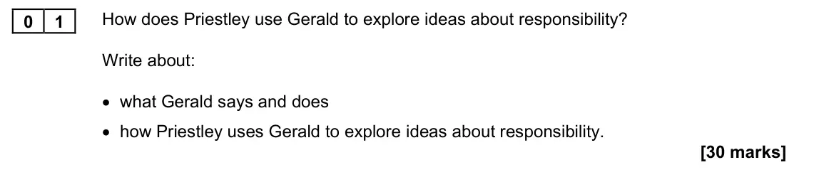 November 2021 Paper 1M, question 01: How does Priestley use Gerald to explore ideas about responsibility? Write about: • what Gerald says and does • how Priestley uses Gerald to explore ideas about