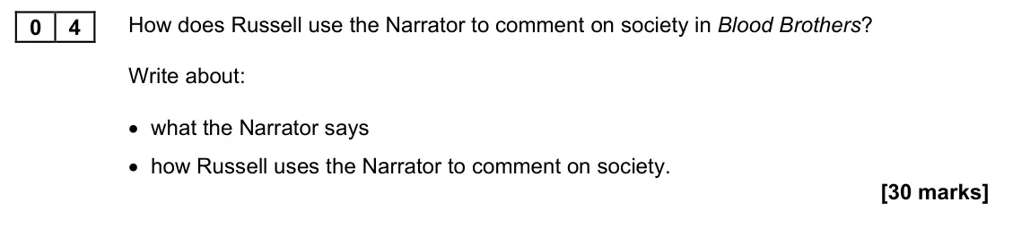 November 2021 Paper 1M, question 04: How does Russell use the Narrator to comment on society in Blood Brothers? Write about: • what the Narrator says • how Russell uses the Narrator to comment on s