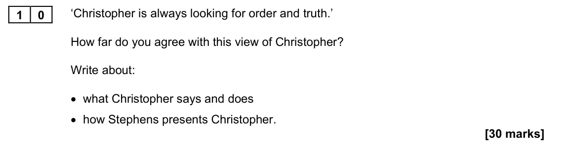 November 2021 Paper 1M, question 10: ‘Christopher is always looking for order and truth.’ How far do you agree with this view of Christopher? Write about: • what Christopher says and does • how Ste