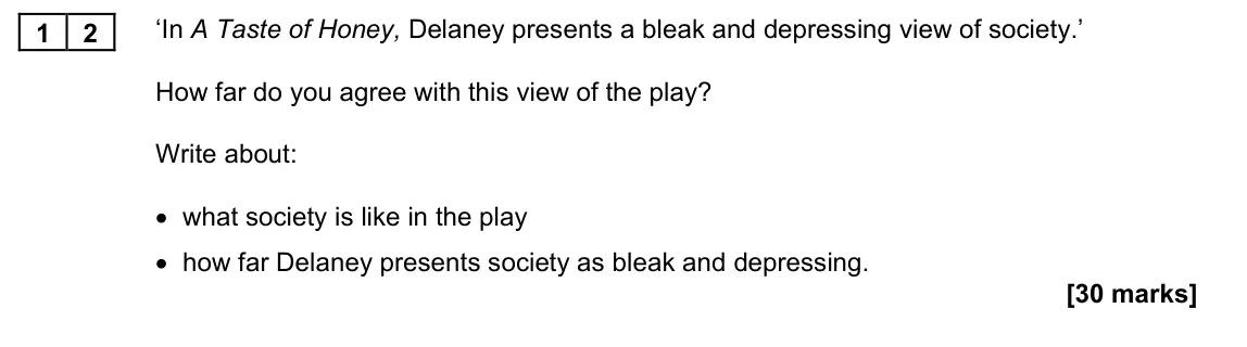November 2021 Paper 1M, question 12: ‘In A Taste of Honey, Delaney presents a bleak and depressing view of society.’ How far do you agree with this view of the play? Write about: • what society is 