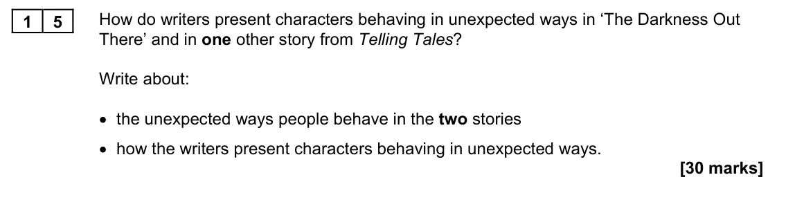 November 2021 Paper 1M, question 15: How do writers present characters behaving in unexpected ways in ‘The Darkness Out There’ and in one other story from Telling Tales? Write about: • the unexpect