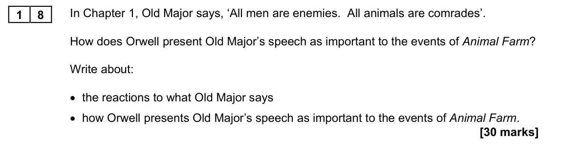November 2021 Paper 1M, question 18: In Chapter 1, Old Major says, ‘All men are enemies. All animals are comrades’. How does Orwell present Old Major’s speech as important to the events of Animal F