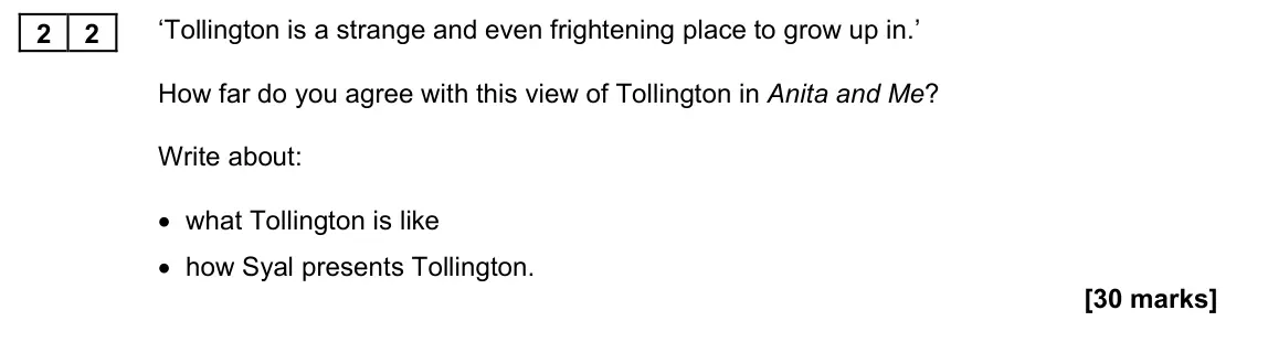 November 2021 Paper 1M, question 22: ‘Tollington is a strange and even frightening place to grow up in.’ How far do you agree with this view of Tollington in Anita and Me? Write about: • what Tolli