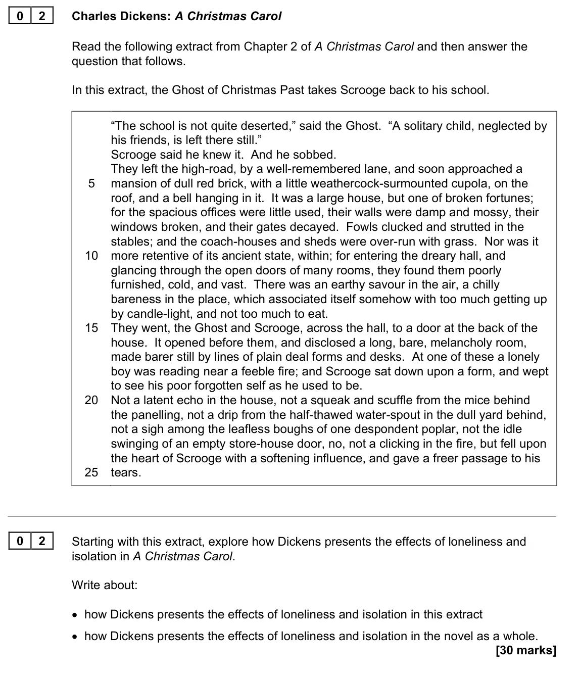 June 2022 Paper 1N, question 02: Starting with this extract, explore how Dickens presents the effects of loneliness and isolation in A Christmas Carol. Write about: • how Dickens presents the e