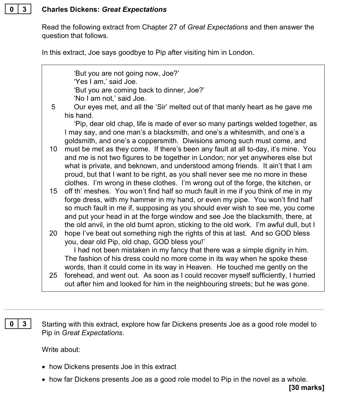 June 2022 Paper 1N, question 03: Starting with this extract, explore how far Dickens presents Joe as a good role model to Pip in Great Expectations. Write about: • how Dickens presents Joe in t