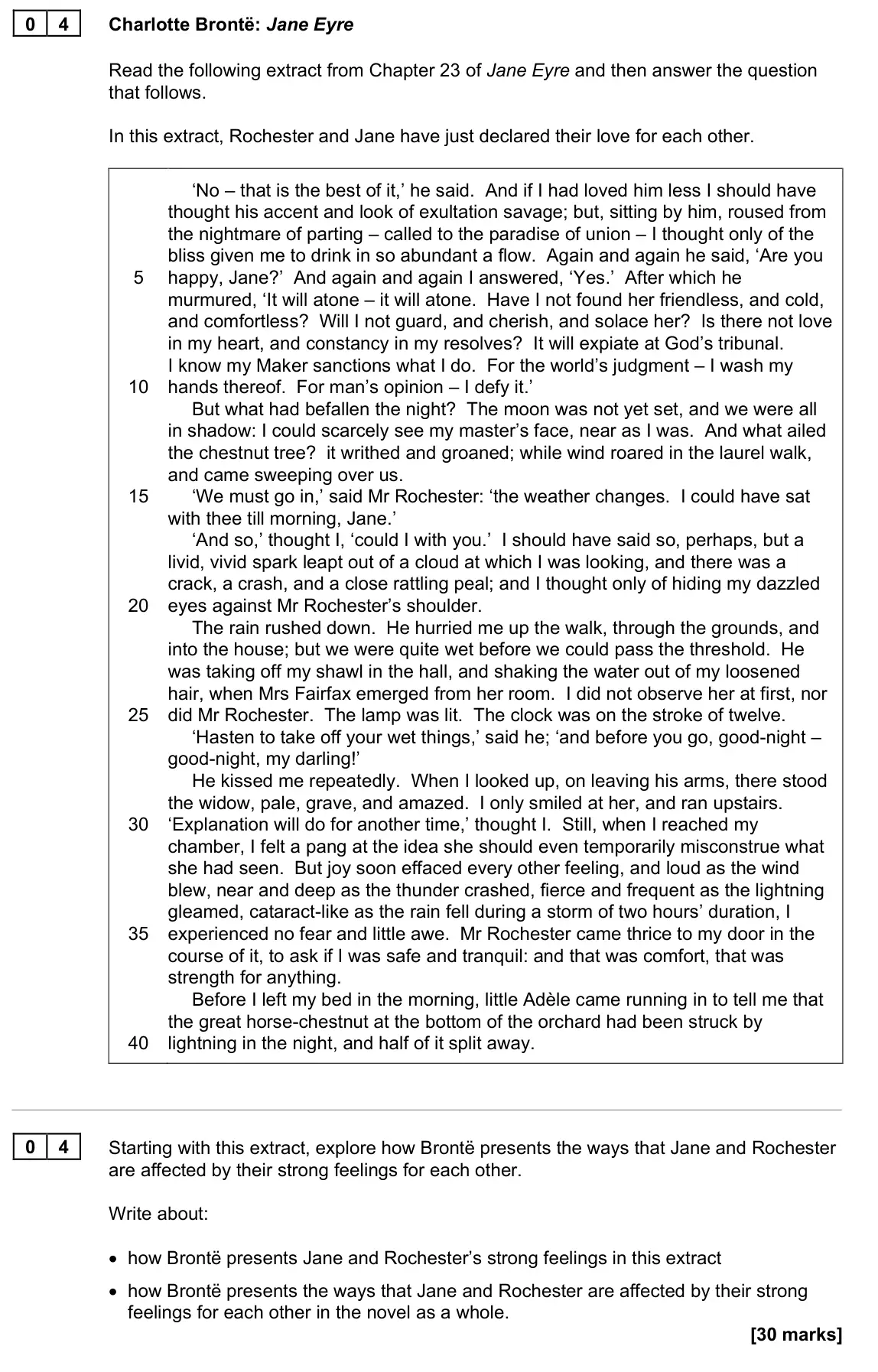 June 2022 Paper 1N, question 04: Starting with this extract, explore how Brontë presents the ways that Jane and Rochester are affected by their strong feelings for each other. Write about: • ho