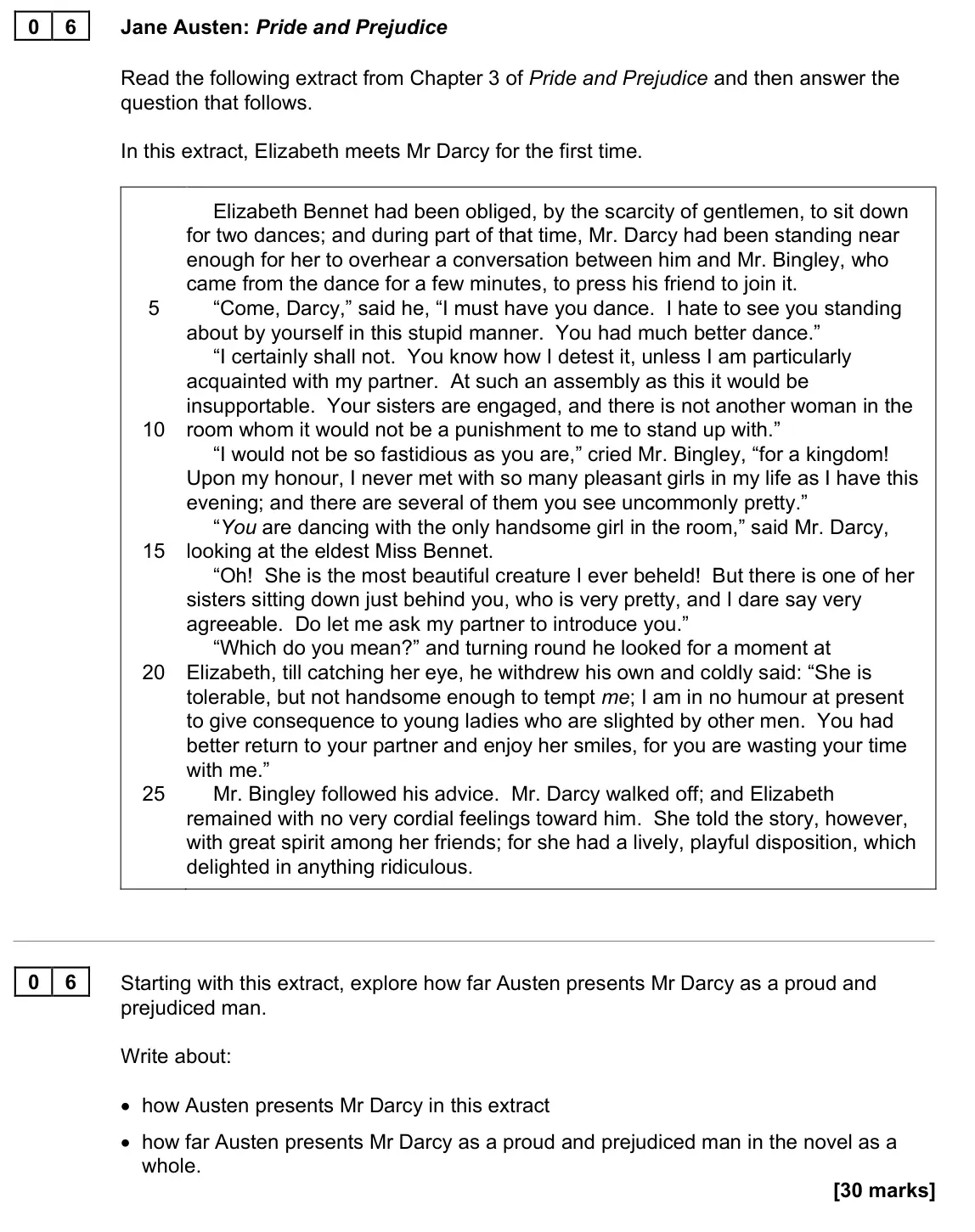 June 2022 Paper 1N, question 06: Starting with this extract, explore how far Austen presents Mr Darcy as a proud and prejudiced man. Write about: • how Austen presents Mr Darcy in this extract