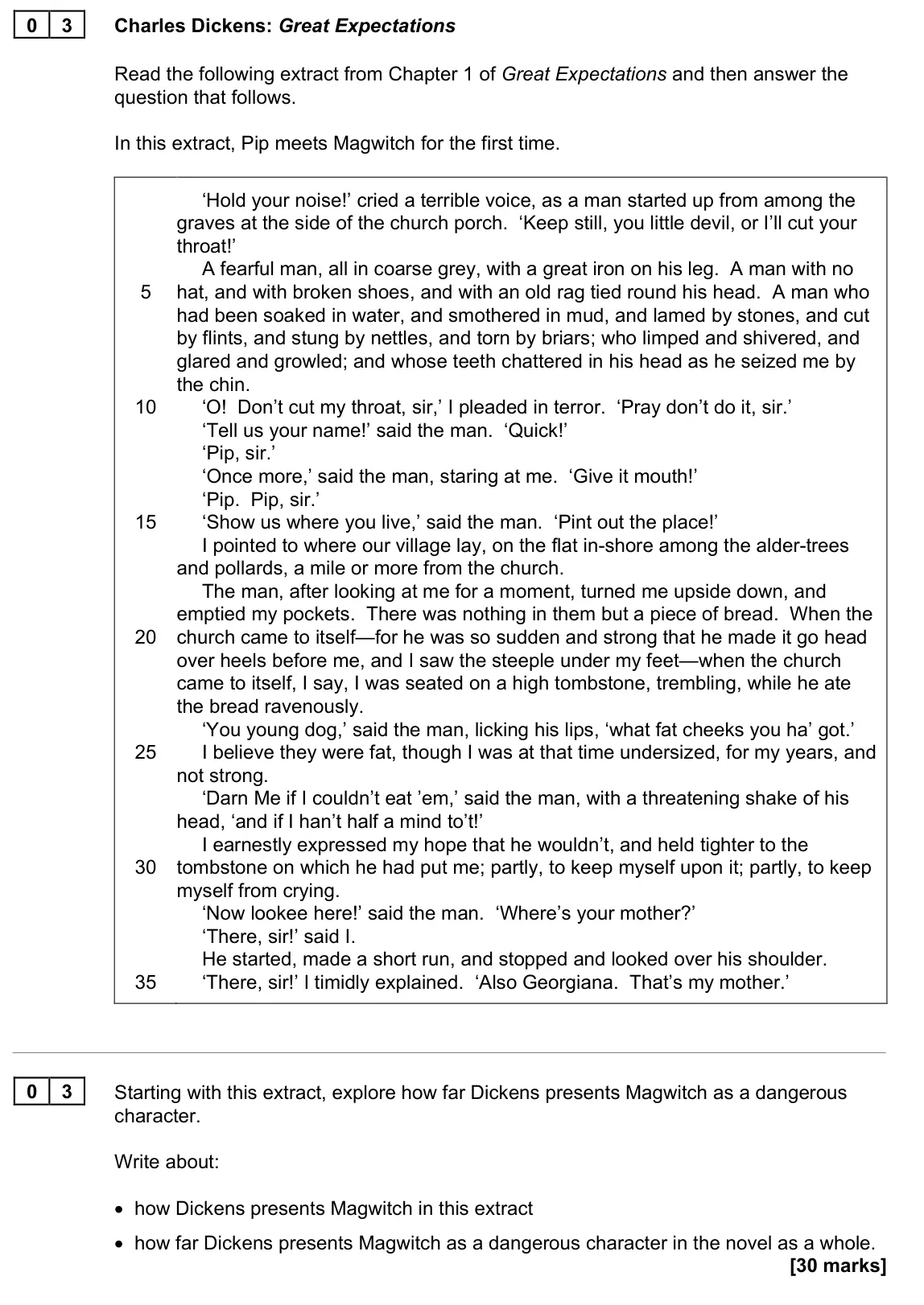 November 2021 Paper 1N, question 03: Starting with this extract, explore how far Dickens presents Magwitch as a dangerous character. Write about: • how Dickens presents Magwitch in this extract • h