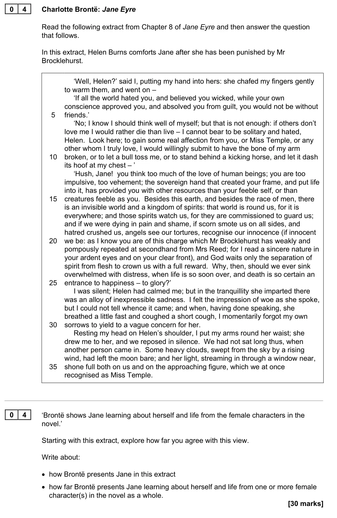 November 2021 Paper 1N, question 04: ‘Brontë shows Jane learning about herself and life from the female characters in the novel.’ Starting with this extract, explore how far you agree with this vie