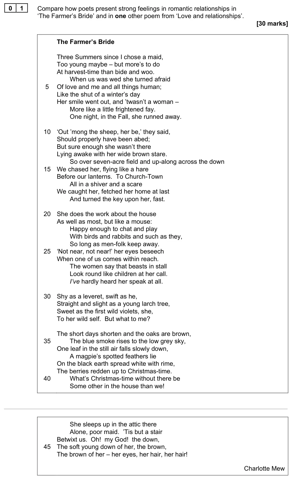 November 2021 Paper 1P, question 01: Compare how poets present strong feelings in romantic relationships in ‘The Farmer’s Bride’ and in one other poem from ‘Love and relationships’.