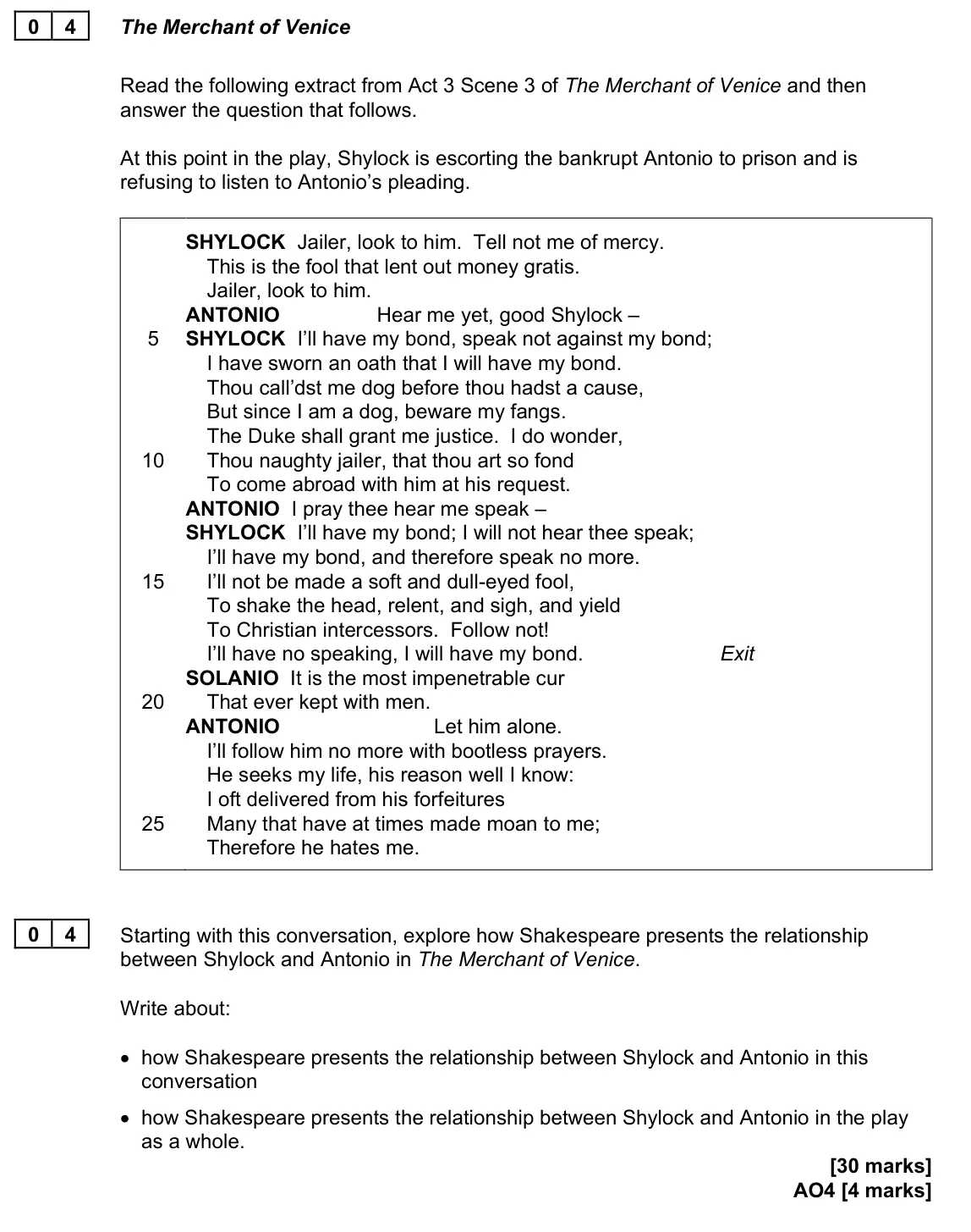 June 2022 Paper 2, question 04: Starting with this conversation, explore how Shakespeare presents the relationship between Shylock and Antonio in The Merchant of Venice. Write about: • how Sha