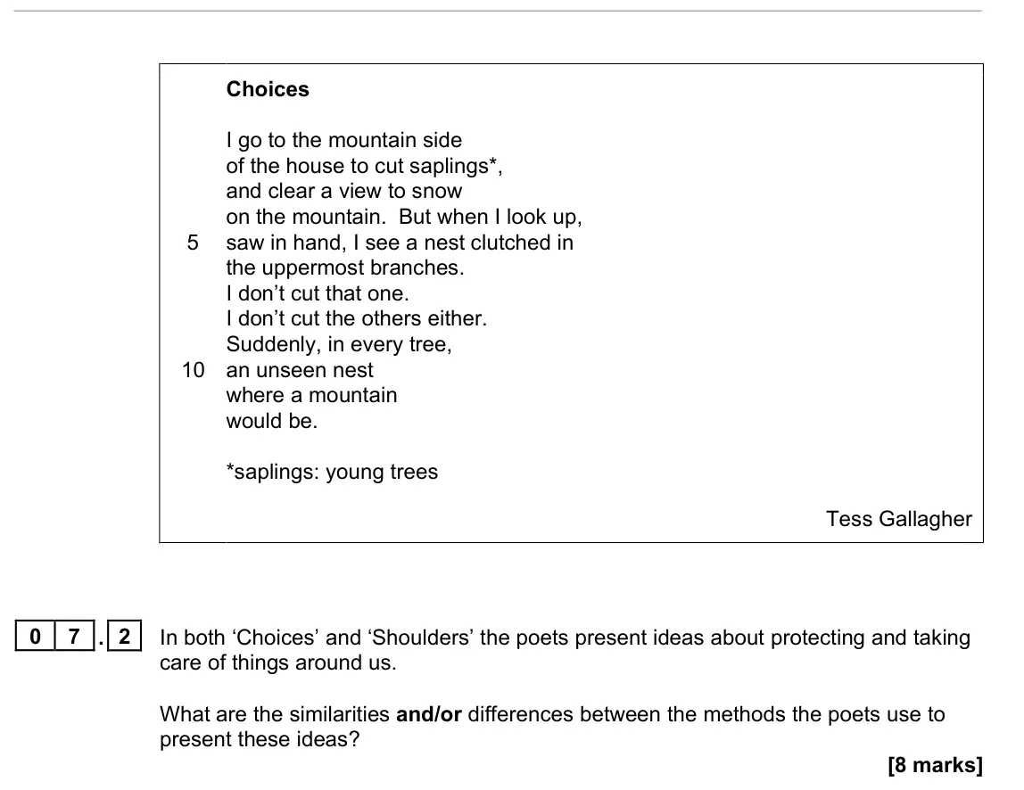 June 2022 Paper 2, question 07.2: In both ‘Choices’ and ‘Shoulders’ the poets present ideas about protecting and taking care of things around us. What are the similarities and/or differences bet