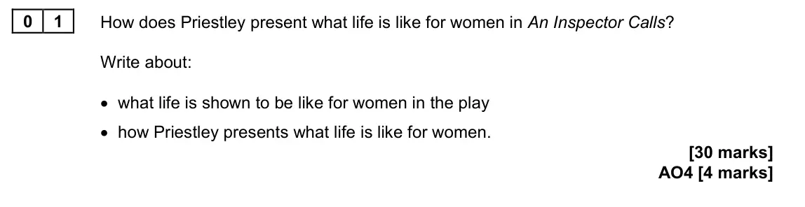June 2023 Paper 2, question 01: How does Priestley present what life is like for women in An Inspector Calls? Write about: • what life is shown to be like for women in the play • how Priestley