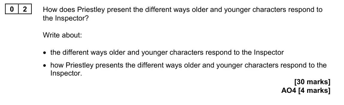 June 2023 Paper 2, question 02: How does Priestley present the different ways older and younger characters respond to the Inspector? Write about: • the different ways older and younger charact