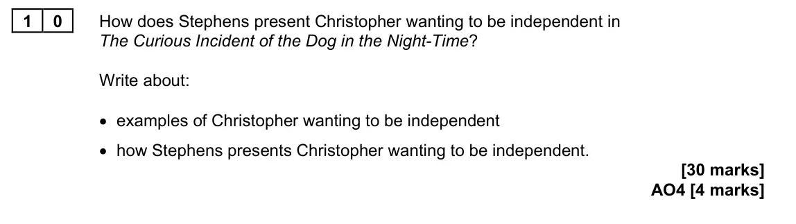 June 2023 Paper 2, question 10: How does Stephens present Christopher wanting to be independent in The Curious Incident of the Dog in the Night-Time? Write about: • examples of Christopher wan