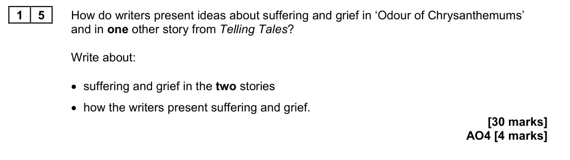 June 2023 Paper 2, question 15: How do writers present ideas about suffering and grief in ‘Odour of Chrysanthemums’ and in one other story from Telling Tales? Write about: • suffering and grie