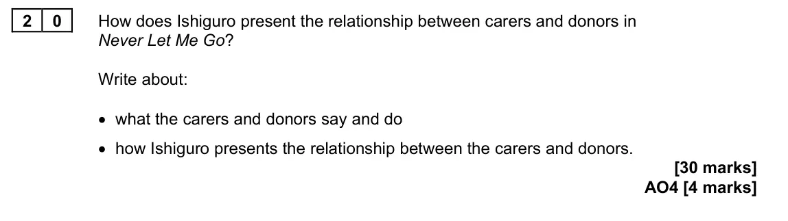 June 2023 Paper 2, question 20: How does Ishiguro present the relationship between carers and donors in Never Let Me Go? Write about: • what the carers and donors say and do • how Ishiguro pre