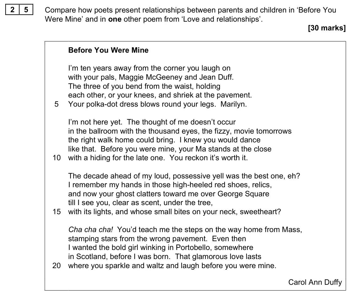 June 2023 Paper 2, question 25: Compare how poets present relationships between parents and children in ‘Before You Were Mine’ and in one other poem from ‘Love and relationships’.