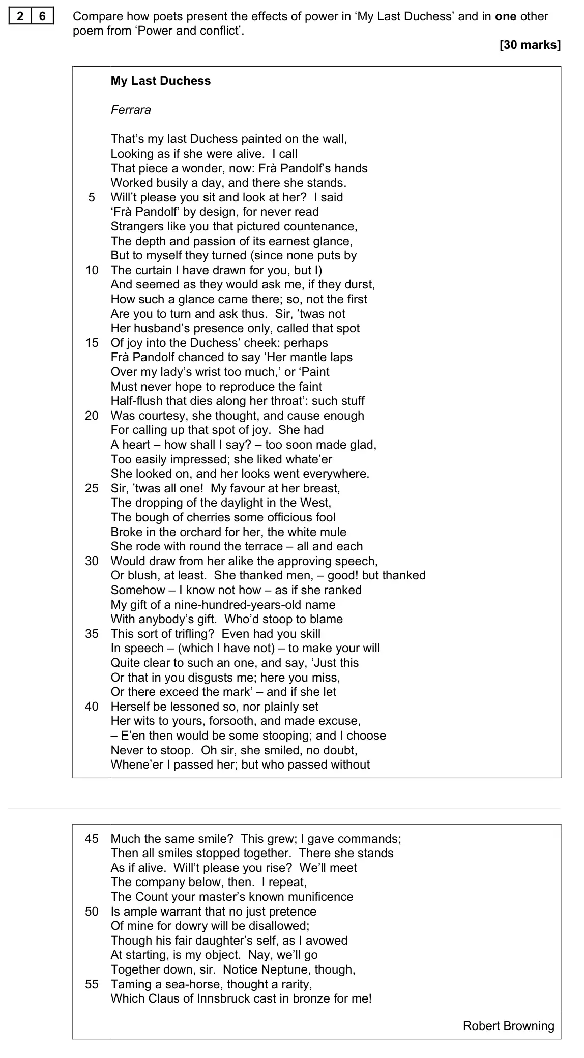 June 2023 Paper 2, question 26: Compare how poets present the effects of power in ‘My Last Duchess’ and in one other poem from ‘Power and conflict’.
