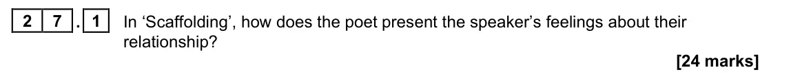June 2023 Paper 2, question 27.1: In ‘Scaffolding’, how does the poet present the speaker’s feelings about their relationship?