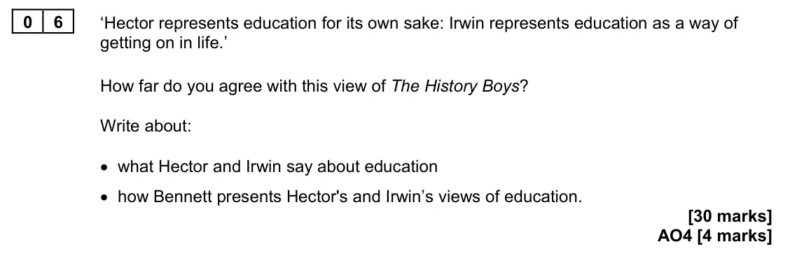 June 2024 Paper 2, question 06: ‘Hector represents education for its own sake: Irwin represents education as a way of getting on in life.’ How far do you agree with this view of The History Bo