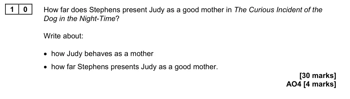 June 2024 Paper 2, question 10: How far does Stephens present Judy as a good mother in The Curious Incident of the Dog in the Night-Time? Write about: • how Judy behaves as a mother • how far