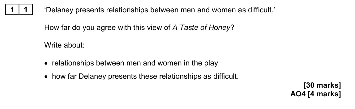 June 2024 Paper 2, question 11: ‘Delaney presents relationships between men and women as difficult.’ How far do you agree with this view of A Taste of Honey? Write about: • relationships betwe