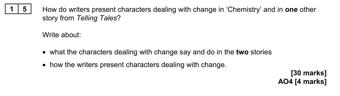 June 2024 Paper 2, question 15: How do writers present characters dealing with change in ‘Chemistry’ and in one other story from Telling Tales? Write about: • what the characters dealing with