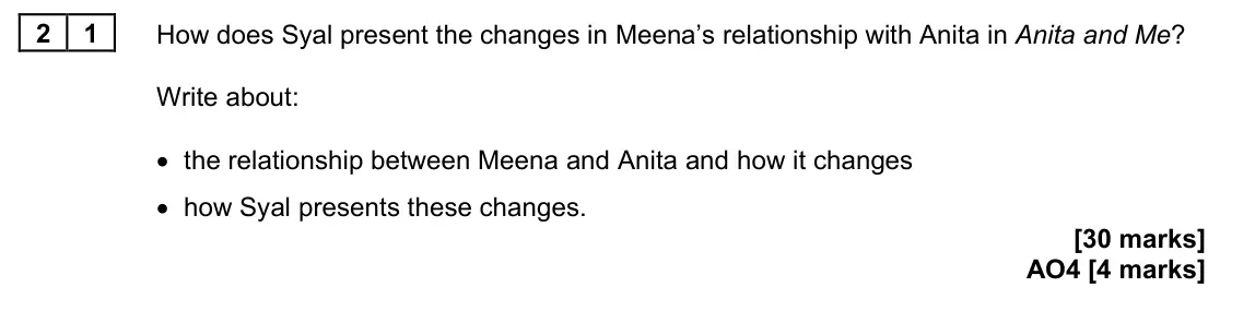 June 2024 Paper 2, question 21: How does Syal present the changes in Meena’s relationship with Anita in Anita and Me? Write about: • the relationship between Meena and Anita and how it changes