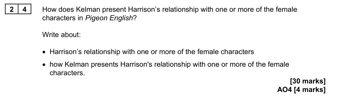 June 2024 Paper 2, question 24: How does Kelman present Harrison’s relationship with one or more of the female characters in Pigeon English? Write about: • Harrison’s relationship with one or 