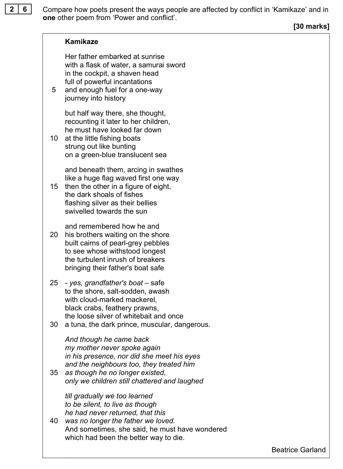 June 2024 Paper 2, question 26: Compare how poets present the ways people are affected by conflict in ‘Kamikaze’ and in one other poem from ‘Power and conflict’.